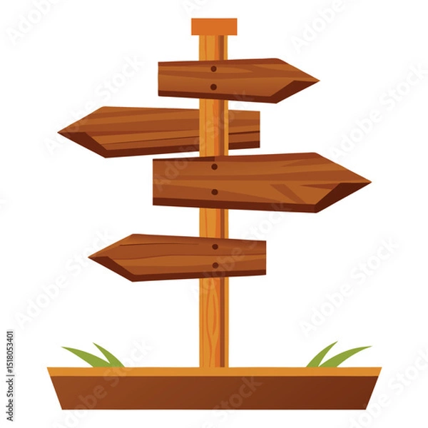 Fototapeta Illustrated Wooden Signpost with Four Arrow Signs and Grassy Base on White