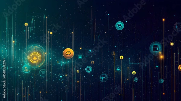 Obraz Abstract Futuristic Digital Background With Glowing Lines And Symbols