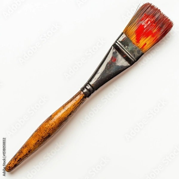 Fototapeta Used paintbrush with dried red paint on bristles, showcasing its worn handle and vibrant color. This tool reflects creativity and artistic expression