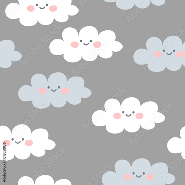 Obraz Seamless pattern with cute clouds on a gray background. Vector illustration.