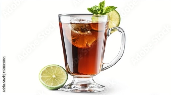 Obraz Refreshing iced tea served in a stylish glass garnished with fresh mint and lime, perfect for hot summer days or special occasions. Enjoy this delightful beverage!