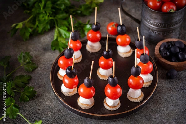 Fototapeta Festive appetizer: canapes with mozzarella, tomatoes and cheese on a grey background. Close-up