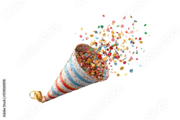 Obraz PNG Colorful confetti explosion from striped party popper celebrating festive event