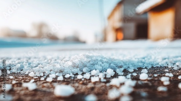 Fototapeta Close-up of deicing salt grains scattered on frozen sidewalk during winter season. Road maintenance and winter safety concept with granular salt used for melting snow, preventing slippery ice surfaces