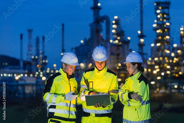 Fototapeta Group of Engineers team night shift working oil and gas refinery service, Workers hard work at night petroleum industry plant background.