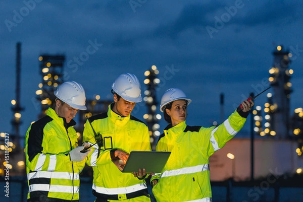 Fototapeta Group of Engineers team night shift working oil and gas refinery service, Workers hard work at night petroleum industry plant background.