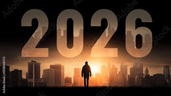 Obraz Silhouetted figure against a glowing city skyline, futuristic theme, evoking a sense of mystery and ambition for the year ahead.