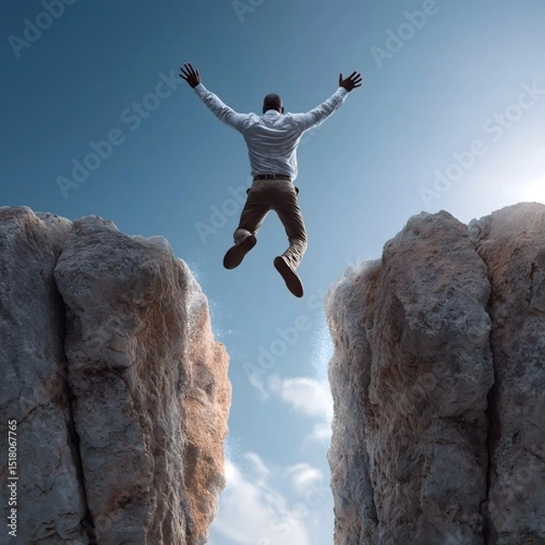 Obraz Adventurous person leaping between rocky cliffs, expressing thrill and freedom, dramatic sky in the background, perfect for motivation.