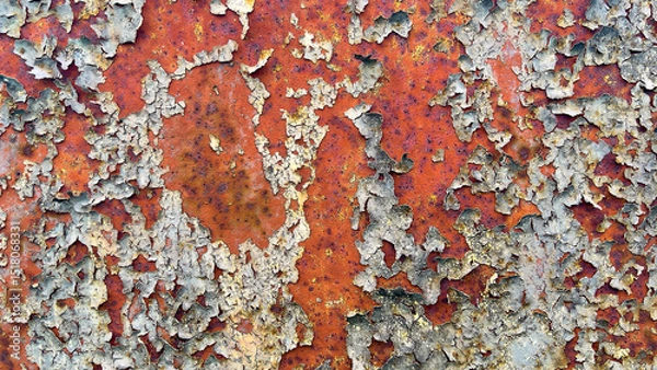 Fototapeta Rust and peeling paint texture on metal surface. Abstract industrial background, perfect for design projects, posters, and graphic overlays.
