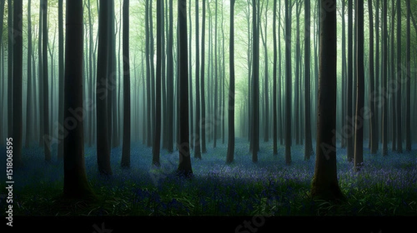 Obraz Misty Forest With Bluebells And Sunlight
