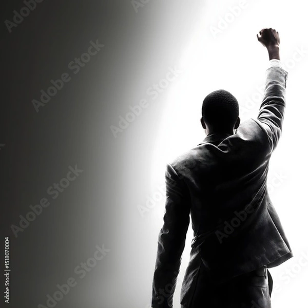 Obraz Motivated businessman celebrating success, confident man in suit raising fist towards light, inspiring achievement and determination.