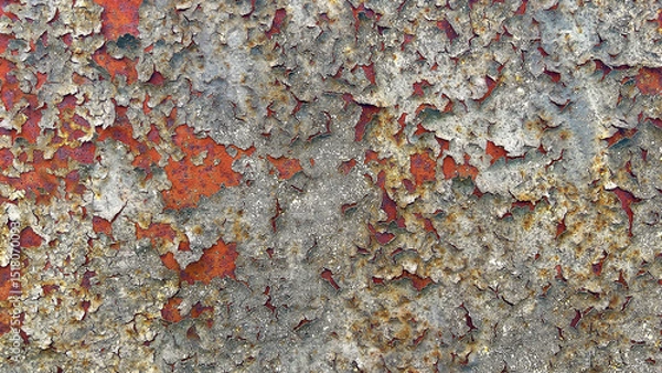 Fototapeta Rust and peeling paint texture on metal surface. Abstract industrial background, perfect for design projects, posters, and graphic overlays.