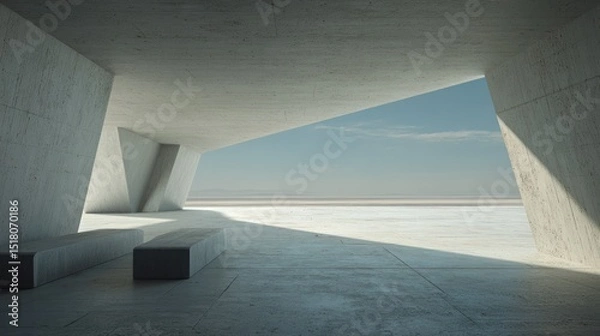 Obraz 3D render of abstract futuristic architecture with empty concrete floor, offering a minimalist backdrop for car presentations in a modern space