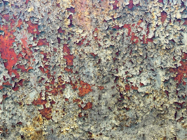 Fototapeta Rust and peeling paint texture on metal surface. Abstract industrial background, perfect for design projects, posters, and graphic overlays.