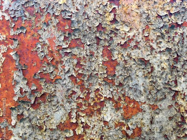 Fototapeta Rust and peeling paint texture on metal surface. Abstract industrial background, perfect for design projects, posters, and graphic overlays.