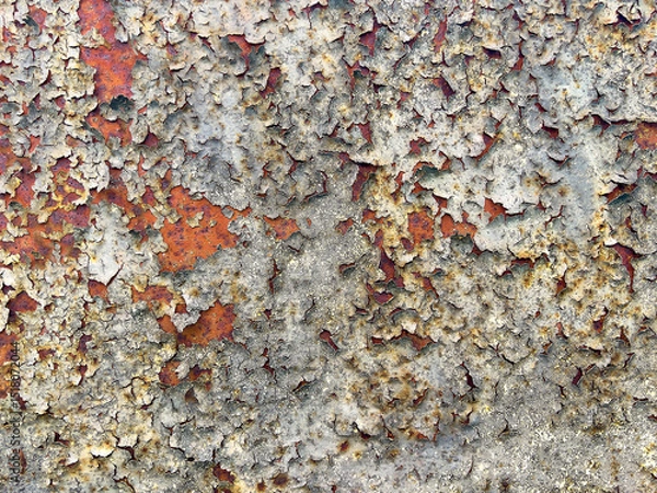 Fototapeta Rust and peeling paint texture on metal surface. Abstract industrial background, perfect for design projects, posters, and graphic overlays.