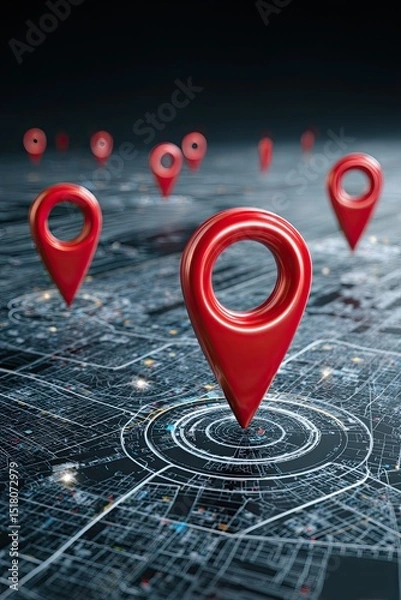 Fototapeta Futuristic digital map interface with red location markers representing GPS tracking and navigation system