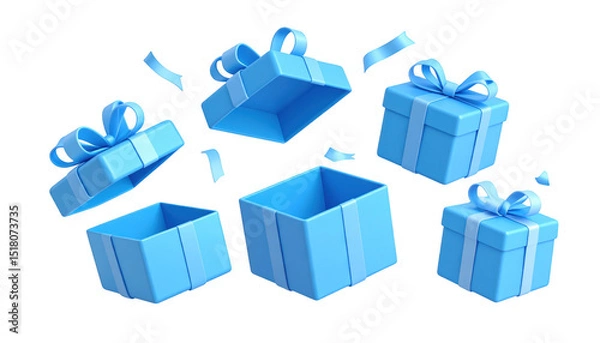 Obraz Cheerful Blue Gift Boxes with Bows and Confetti Falling Down