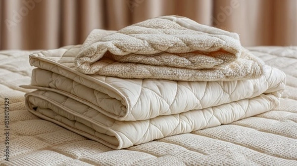 Fototapeta Soft folded beige quilt and bedspread stacked on bed with cozy fabric texture in natural warm lighting