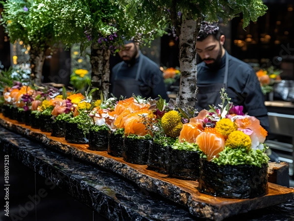 Obraz Artisan chefs prepare vibrant giant sushi platters adorned with fresh flowers in an upscale dining setting during evening hours