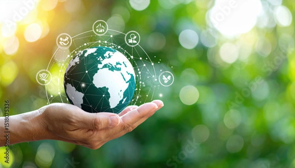 Fototapeta Hand Holding Globe with Greenery Symbolizing Environmental Awareness