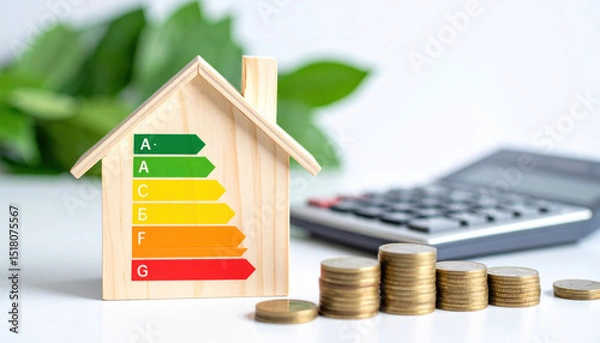 Fototapeta Wooden house model with energy efficiency label and coins on table