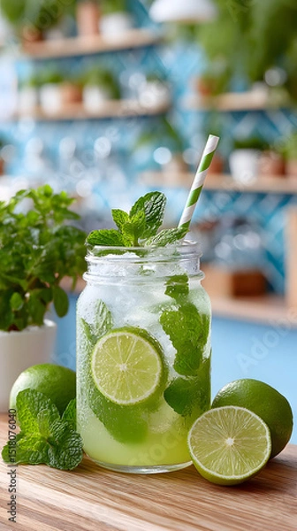 Obraz Refreshing mojito cocktail in a glass jar with mint leaves and lime slices, garnished with a striped straw, showcasing vibrant summer drink appeal. Selective focus