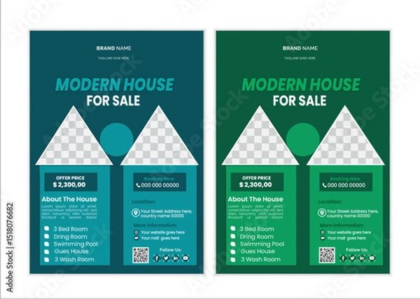 Fototapeta a bundle of 3 templates house sale flyer design, in blue color, and modern design,marketing,business proposal, promotion, advertise, publication and editable vector template design.