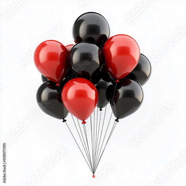 Fototapeta A festive cluster of black and red balloons floating against a clean white background for celebrations and special occasions