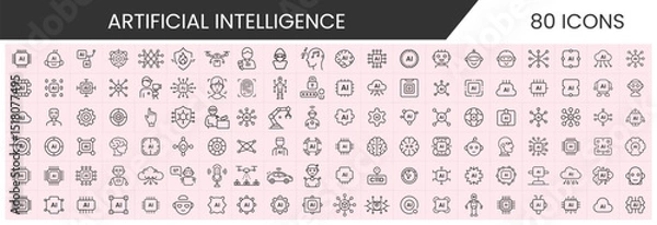 Obraz Artificial Intelligence Outline Icon Set – AI, Robotics, Machine Learning, Neural Network, Technology Symbols, AI outline icons, technology icon pack, AI user interface icons, tech startup icons