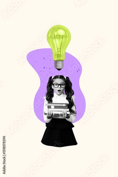 Fototapeta Trend artwork sketch design 3D collage of shocked young schoolgirl hand hold pile book idea lamp back class classroom college education
