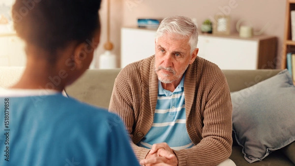 Fototapeta Nurse, advice and healthcare with old man on sofa for occupational therapy, listening and consulting. Medical, caregiver and retirement with senior person in nursing home for wellness and support