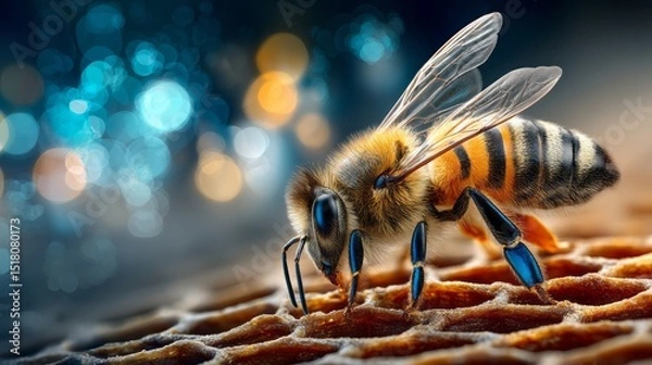 Fototapeta Close-up of a honeybee collecting nectar from a honeycomb, showcasing intricate details of its body and the vibrant textures of the honeycomb surface, highlighting nature's beauty