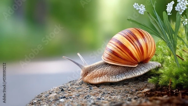 Fototapeta Close-up of a colorful snail resting on a textured rock surrounded by lush green grass and delicate white flowers, showcasing nature's beauty and intricate details