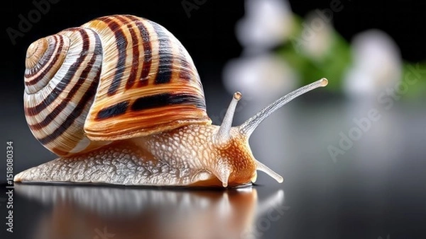 Fototapeta Close-up of a colorful snail with intricate shell patterns, slowly moving across a reflective surface, surrounded by soft blurred greenery, showcasing nature's delicate beauty and detail