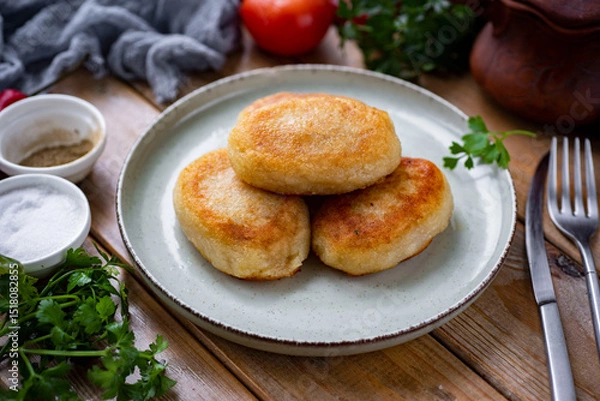 Fototapeta Potato zrazy with mushrooms. Home cooking. Potato patties for lunch. Close-up