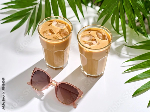 Obraz Two glasses of iced coffee and sunglasses rest on a white table, evoking a relaxing, sunny vacation atmosphere.