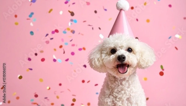 Fototapeta Happy white poodle wearing a party hat, surrounded by confetti on a pink background.