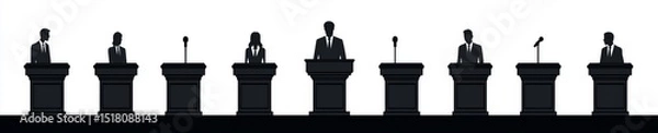 Fototapeta A creative illustration of a tribune podium in silhouette form is set against a transparent background and includes microphones