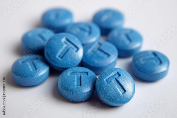 Fototapeta small blue pills with T embossed on each, testosterone themes