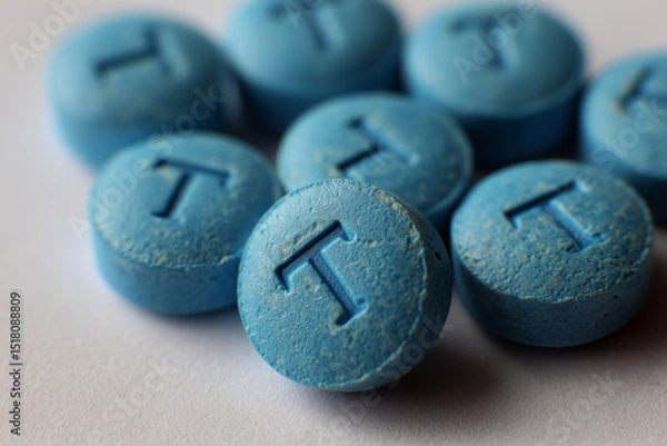 Fototapeta pile of blue pressed pills with T embossed on each, testosterone themes