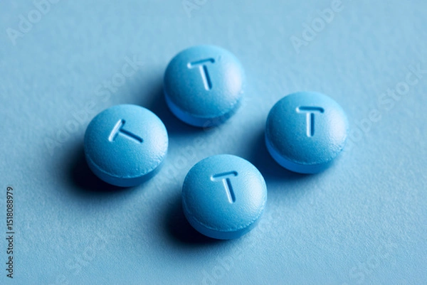 Fototapeta 4 small blue pills with T embossed on each, testosterone themes
