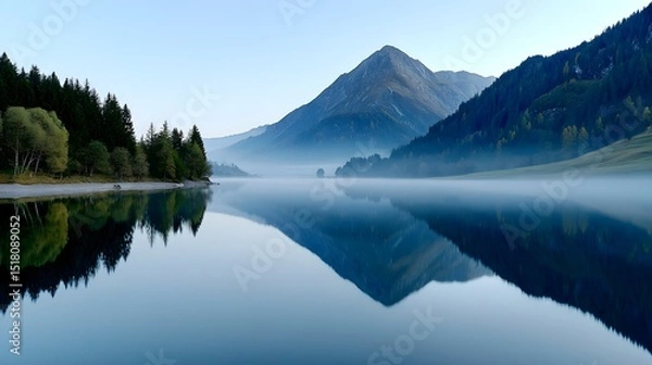Fototapeta Majestic mountain reflected in a serene, misty lake