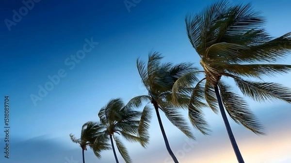 Fototapeta Palm trees swaying in the twilight breeze of a tropical paradise