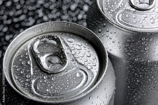 Obraz Refreshing metal cans glistening with water droplets on a dark surface during a warm afternoon