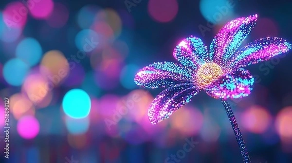 Fototapeta Sparkling Digital Flower Bloom Neon Pink Blue and Purple Particle Art