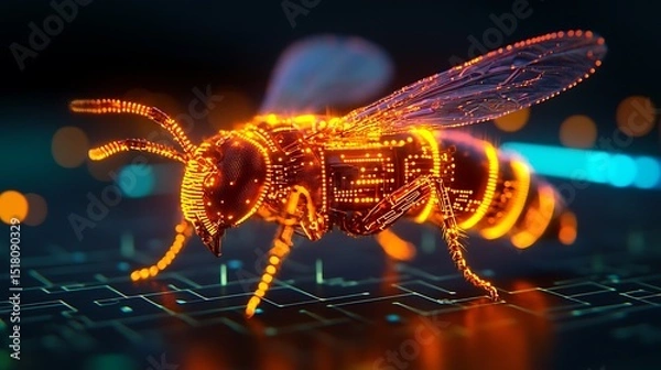Fototapeta Futuristic Robotic Bee on Circuit Board Digital Insect Technology Concept