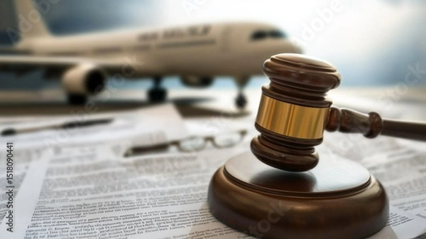 Obraz Legal documents and a gavel are arranged on a table, while an airplane is visible in the background at an airport. This reflects the important relationship between law and aviation