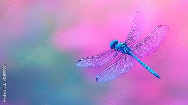 Fototapeta Vibrant Blue Dragonfly in Flight Against a Pink and Purple Background