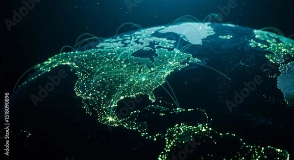Fototapeta Illuminated Earth showcasing interconnected global network, highlighting city lights and data streams across continents